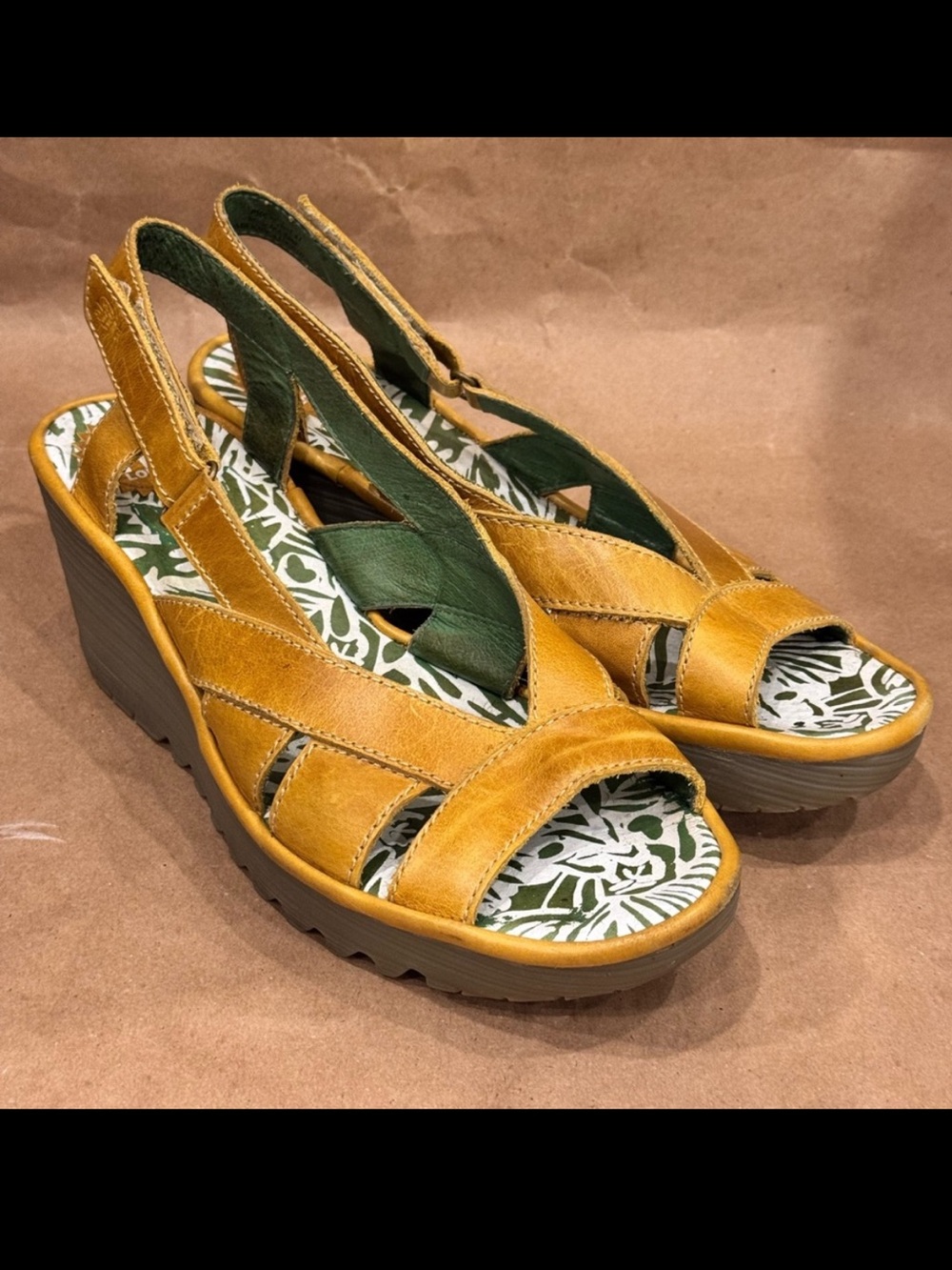 Fly London Mustard Yellow Leather Yisa Slingback Wedge Sandals. EU 41
